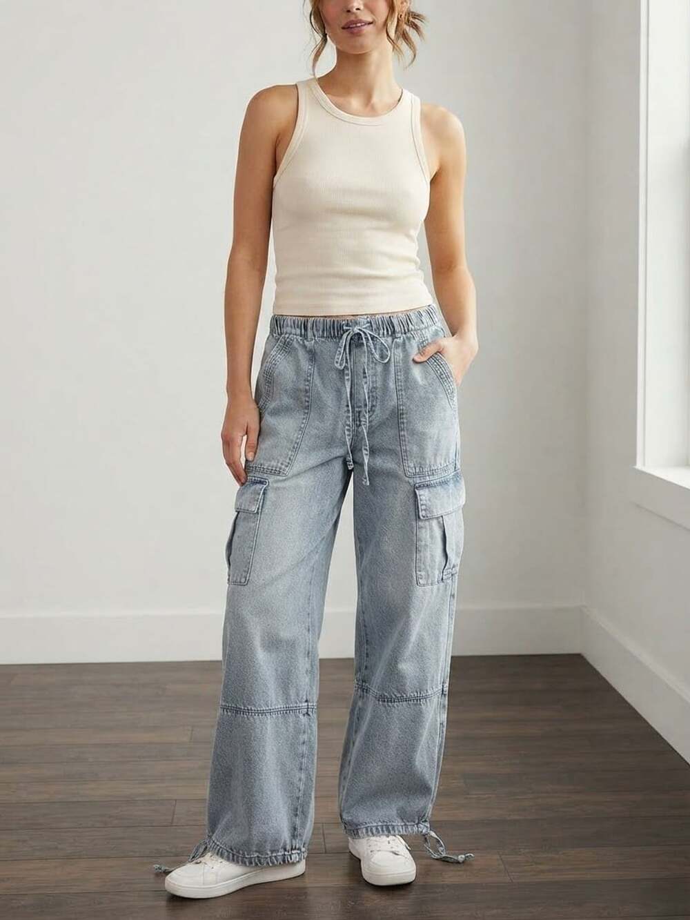 Habitual Cargo Jeans Size L Light Blue Pull-On Denim Trousers